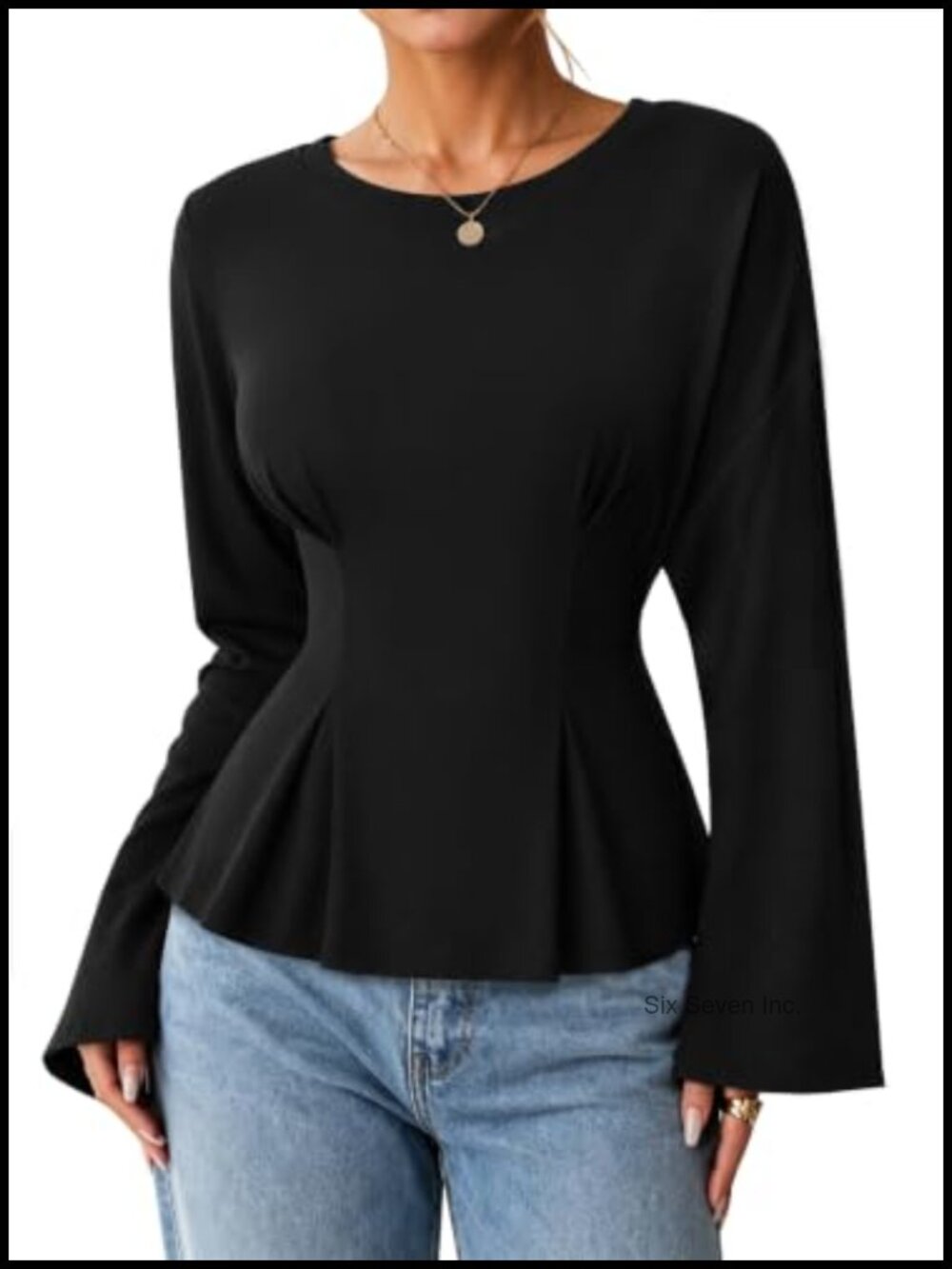 Peplum Top Cinched Waist Bell Long Sleeve Blouse